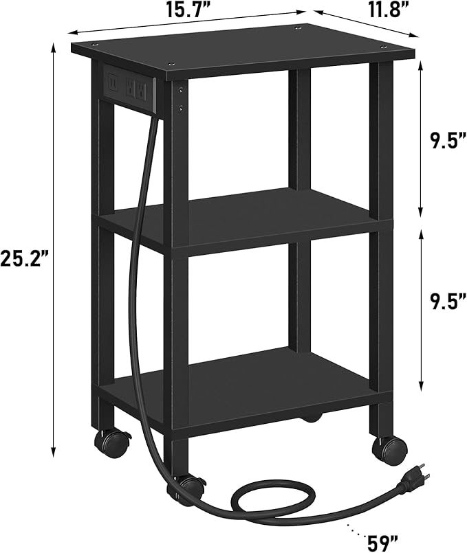 TUTOTAK 3 Tier Printer Stand, Rolling Printer Cart with Power Outlets and USB Ports, Mobile Printer Table with Wheels, for Under Desk, Office, Home, Greige PS02BK001