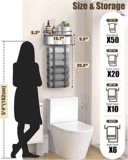 Towel Racks for Bathroom 31inch Wall Mounted Towel Rack,Floating Shelf with Wood Plank,Towel Storage for Bathroom can Holds 6 Large Rolled Towels,All Black