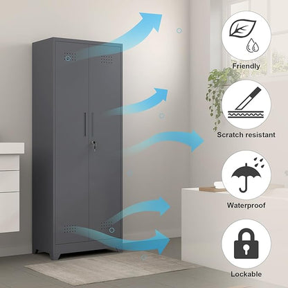 GREATMEET 65" H Metal Cleaning Supply Storage Cabinet, Lockable Double Door Garage Utility Organizer with Adjustable Shelves & Pegboard, Grey