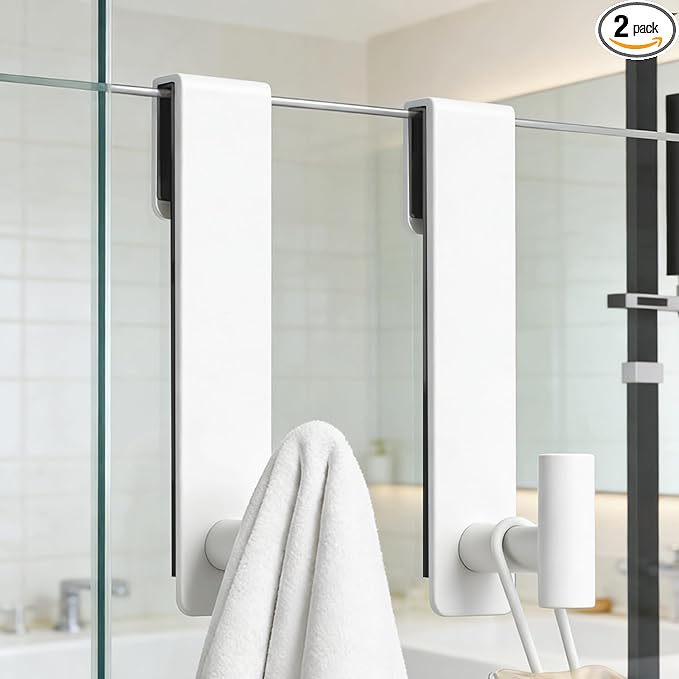 PMMASTO Shower Door Hooks, (7.5 Inch) Extended Towel Hooks for Bathroom Frameless Glass Shower Door, Stainless Steel Heavy Duty Hooks (White, T Shape-Fits 3/8" Thick Door)