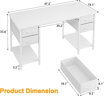 Grandder Computer Desk with 4 Drawers, 47 Inch Office Table with Storage, Gaming with CPU Shelves, Writing Desk Workstation for Home Office, Study, Bedroom, Work from Home, White
