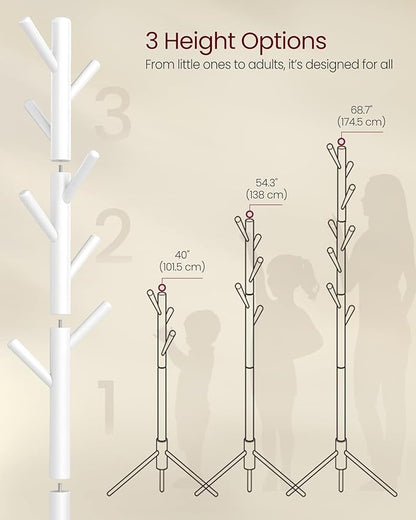 VASAGLE Solid Wood Coat Rack, Free Standing Tree-Shaped Coat Rack with 8 Hooks, 3 Height Options, for Clothes, Hats, Bags, Living Room, Bedroom, Home Office, White URCR04WT