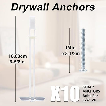 Heavy Duty Drywall Anchor Bolts with 1/4"-20 Fastener Suitable for TV Mounting Hollow Wall Anchor Bolt Screw Kit Supports Up to 270 lbs Each on 1/2 Inch Drywall Pack of 10