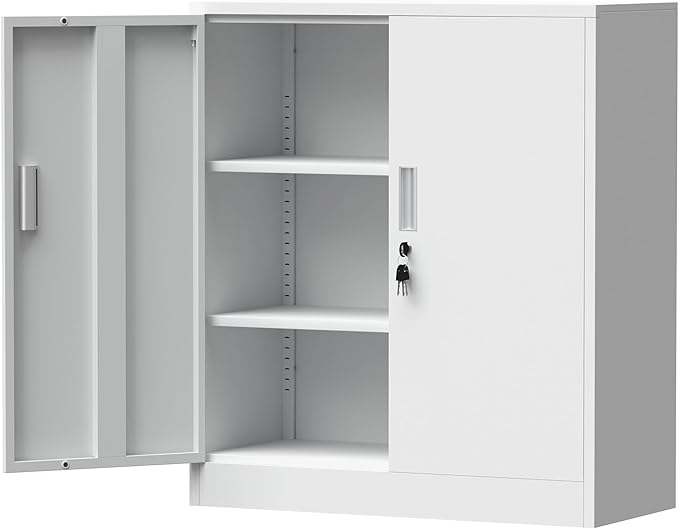 Metal Storage Cabinet with Locking Doors and 2 Adjustable Shelves, Small Lockable Storage Cabinet for Home Office Garage (White)