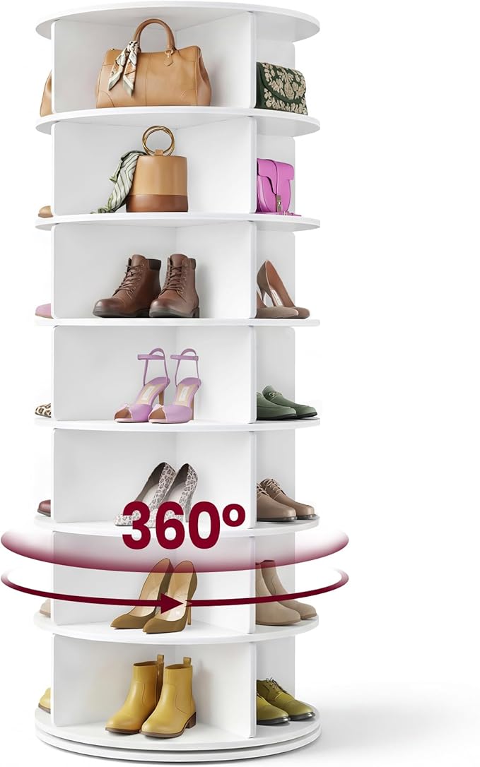 VASAGLE 7-Tier Rotating Shoe Rack Tower, Free Standing 360 Degree Spinning Shoe Organizer, Lazy Susan Bag Display Storage Rack, for Corners, Closets, Small Spaces, White ULBS047WZ01