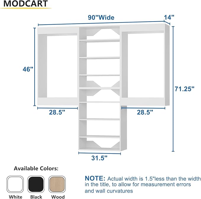 Modular Closet Organizer - 90" Wide, Wooden Tower Wardrobe System, Wall Mounted for Walk-in Closets, White