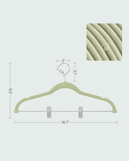 SONGMICS 30-Pack Pants Hangers, 16.7-Inch Long Velvet Hangers with Adjustable Clips, Heavy-Duty, Non-Slip Skirt Hangers, Space-Saving for Pants, Skirts, Coats, Dresses, Pale Green UCRF012GR30