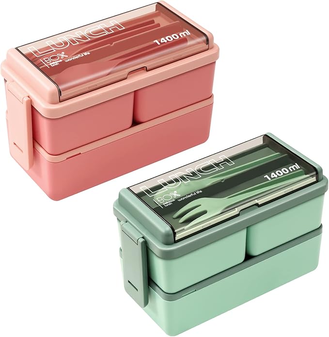 2 Pack Bento Box Adult Lunch Box,49OZ Leakproof Eco-Friendly Stackable Bento Lunch Box Meal Prep for Dining Out, Work, Picnic, School (green+pink)