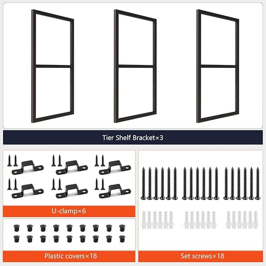 2-Tier Square Shelf Bracket, 26-3/8" Height, Wall/Ceiling Mount Storage Shelving, Black Powder-Coated Carbon Steel Carbon Steel, Rust-Resistant, 110 lbs Capacity, 3 Pack