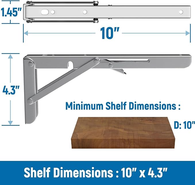 LEOPO 10 inch Folding Shelf Brackets-2 Pack Foldable Heavy Duty Triangle Collapsible Wall Mounted Brackets for Fold Down Table, Space Saving for Bench Table with Screws, Stainless Steel