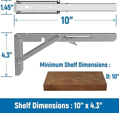 LEOPO 10 inch Folding Shelf Brackets-2 Pack Foldable Heavy Duty Triangle Collapsible Wall Mounted Brackets for Fold Down Table, Space Saving for Bench Table with Screws, Stainless Steel