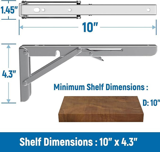 LEOPO 10 inch Folding Shelf Brackets-2 Pack Foldable Heavy Duty Triangle Collapsible Wall Mounted Brackets for Fold Down Table, Space Saving for Bench Table with Screws, Stainless Steel