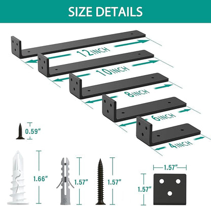 Goovilla Heavy Duty Floating Shelf Brackets 8 Inch for 2×4” Wood Stud, 4 Pack L Brackets for Shelves or Shelving, Black Coated Metal Shelf Hardware with 160 lb. Load Capacity and Easy Installation