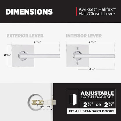 Kwikset Halifax Interior Passage Door Handle, Lever For Closet and Hallway Doors, Reversible Non-Locking Handle Lever, Polished Chrome, Square Rose