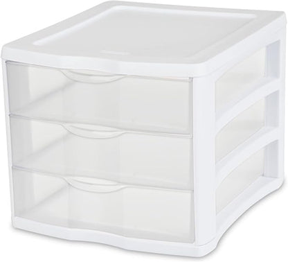 STERILITE 3 Drawer Desktop Storage Unit, Tabletop Organizer for Desk, Countertop at Home, Office, Bathroom, White with Clear Drawers, (Pack of 4)