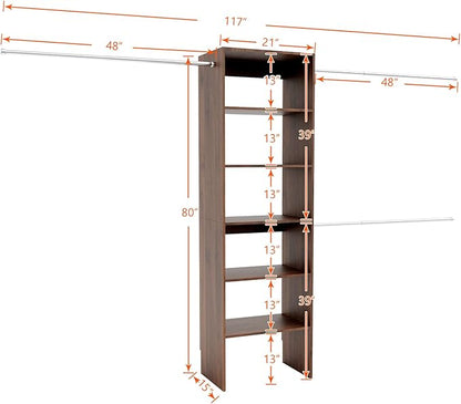 Wall-Mounted Closet Organizer System with Adjustable Shelves and Hanging Rods – Modern Open Wardrobe, Walnut