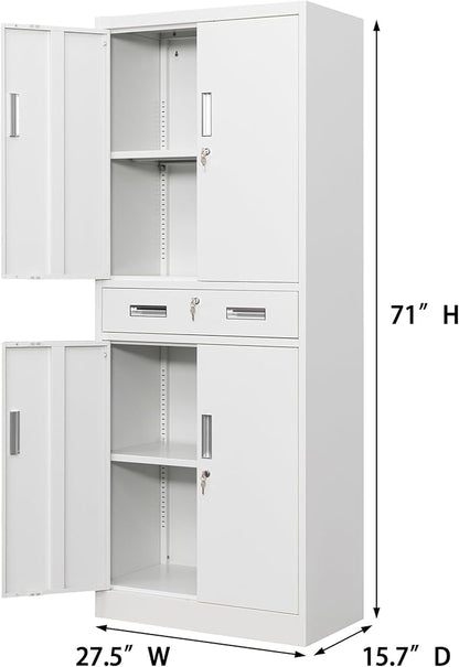 CJF Metal Storage Cabinet with Drawer and Adjustable Shelves, 71" H Locking Storage Cabinet for Pantry Kitchen, Home, Office, Garage, Living Dining Room (White)
