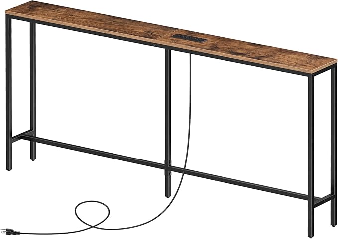 63'' Skinny Console Table with Charging Station, Narrow Long Sofa Couch Table, Easy Assembly, Entryway Table for Living Room, Foyer, Hallway, Rustic Brown CTHR165E01Z1