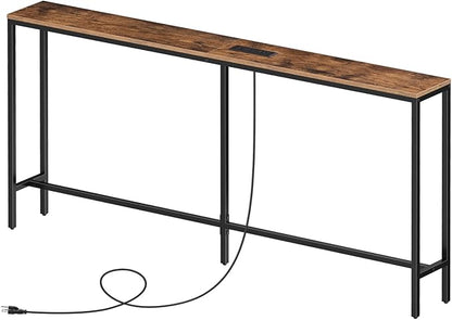 63'' Skinny Console Table with Charging Station, Narrow Long Sofa Couch Table, Easy Assembly, Entryway Table for Living Room, Foyer, Hallway, Rustic Brown CTHR165E01Z1