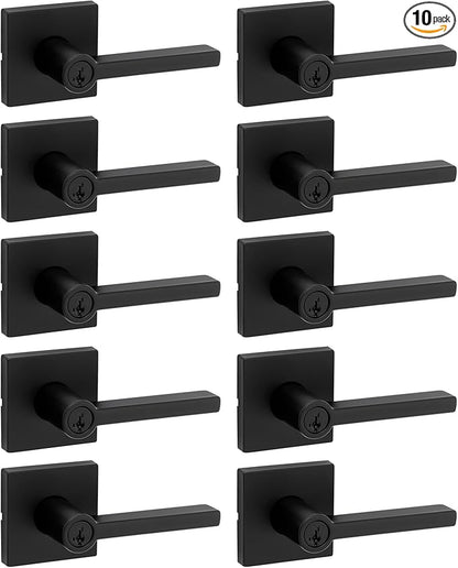Kwikset Halifax Entry Door Handle with Lock and Key, Secure Keyed Reversible Lever Exterior, for Front Entrance and Bedrooms, Matte Black, 10 Pack, Pick Resistant SmartKey Rekey Security and Microban