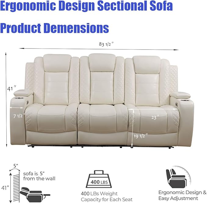 Power Recliner Sectional Couch Sets, Power Sectional Sofa with 3 Seated Sofa, L-Shaped Power Recliner Couch with LED, Read Light, Breathing Leather, Cup Holder, Storage for Living Room/Office