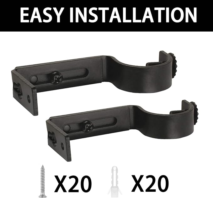 Eau 10 Pieces of Adjustable Black Curtain Rod Brackets, Heavy Duty Single Curtain Rod Holders for Maximum 1 Inch Rod, Wall-Mounted