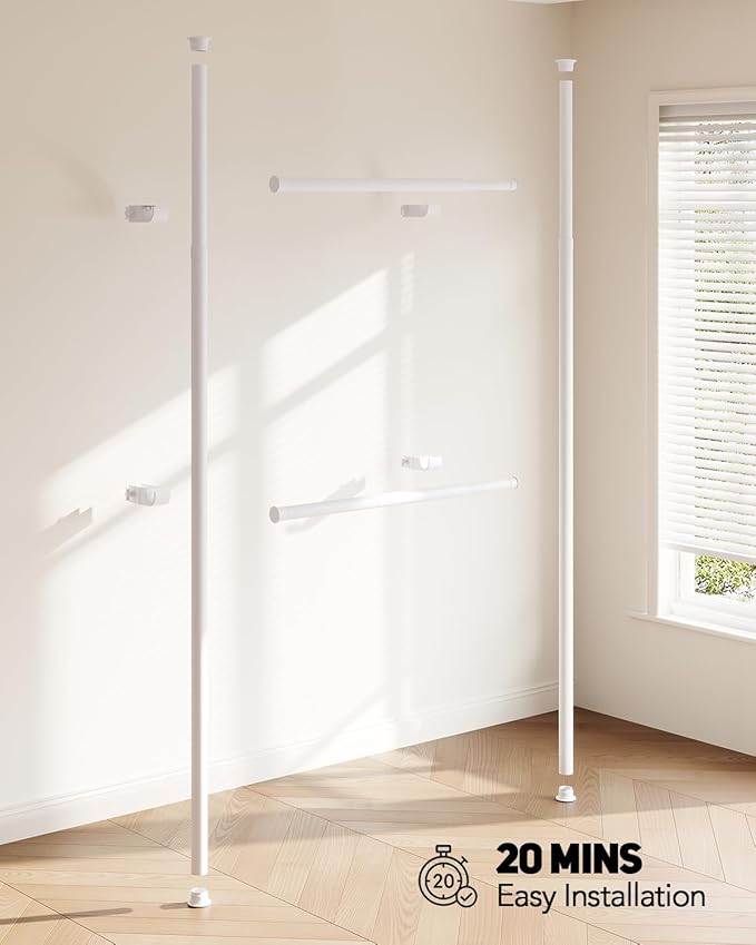 Floor to Ceiling Clothes Rack, Heavy-Duty Telescopic Garment Rack, 43–122in Height & 30–47in Width, 220lbs Total Load Capacity, 2-Pole, White