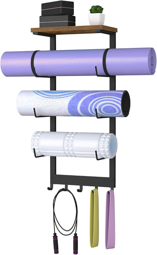 Yoga Mat Holder Wall Mount, Yoga Mats Storage Rack, Home Gym Wall Organizer Holder with Wood Floating Shelf and 5 Hooks, Storage Rack for Hanging Foam Roller/Band/Workout Equipment, Black