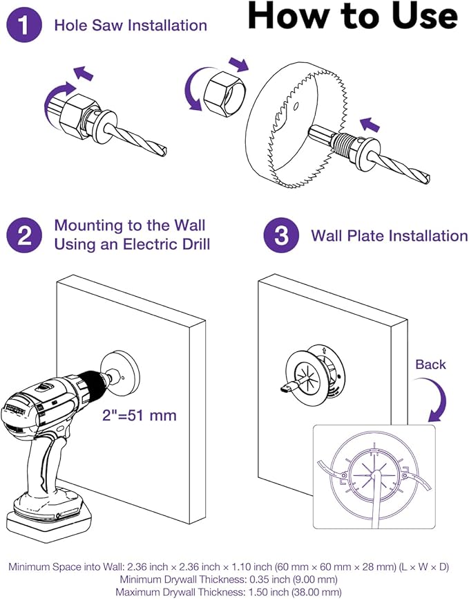 VCELINK in-Wall Cable Management Kit, 2.44" (62 mm) Mini Wall Cord Hider for TV/Coaxial/HDMI/Speaker Cords, Includes 2 Pass Throughs, Locking Brackets and Hole Saw Drill Attachment