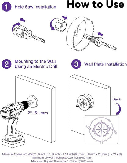 VCELINK in-Wall Cable Management Kit, 2.44" (62 mm) Mini Wall Cord Hider for TV/Coaxial/HDMI/Speaker Cords, Includes 2 Pass Throughs, Locking Brackets and Hole Saw Drill Attachment