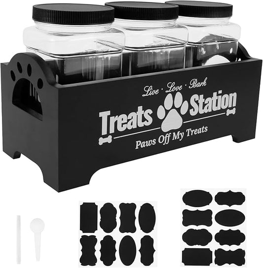 Dog Treat Container with 3 Plastic Treat Jars Wood Dog Food Container with Handles Dog Food Storage Container Decorative Cat Food Container for Dog Food Storage (Black)