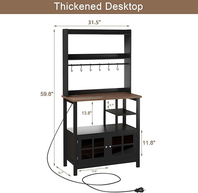 ChooChoo Farmhouse Coffee Bar Cabinet with Storage, Bakers Rack with Power Outlets, Microwave Stand Kitchen Cabinet with Hutch and 6 Hooks, Black
