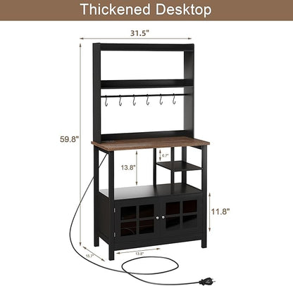ChooChoo Farmhouse Coffee Bar Cabinet with Storage, Bakers Rack with Power Outlets, Microwave Stand Kitchen Cabinet with Hutch and 6 Hooks, Black