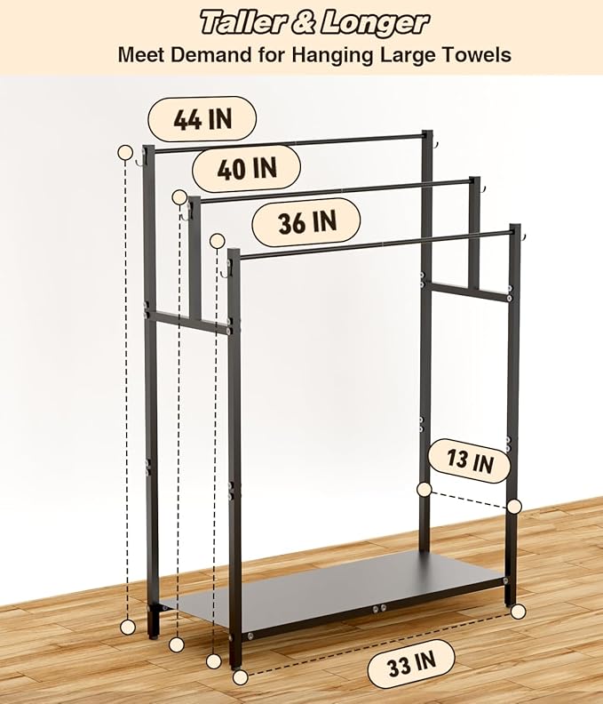44” Tall Free Standing Towel Racks with 6 Hooks for Bathroom, 3 Tiers Oversized Pool Bath Towels Drying Stand, Metal Blanket Ladder Holder with Storage Shelf for Bedroom Living Room, Black
