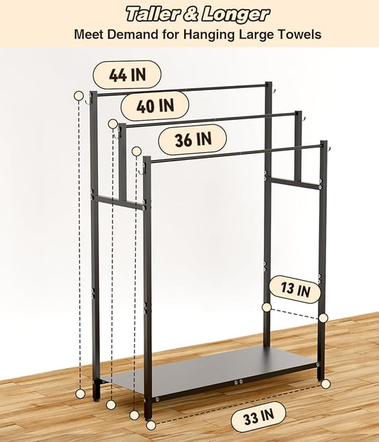 44” Tall Free Standing Towel Racks with 6 Hooks for Bathroom, 3 Tiers Oversized Pool Bath Towels Drying Stand, Metal Blanket Ladder Holder with Storage Shelf for Bedroom Living Room, Black