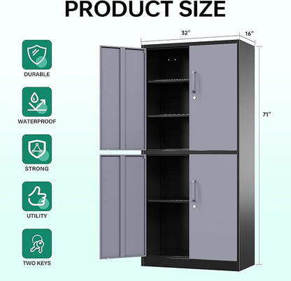 Letaya Metal Storage Cabinets with Lock Door and Shelves, Steel Garage Tool Cabinets for Home,Office, Warehouse,Lockers(71"-Black Gray)