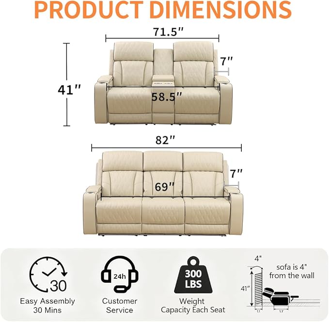 Living Room Furniture Sets with LED, Power Reclining Couch Set for Living Room, Include 1 Loveseat, 3 Seat Sofa, Modern Khaki Leather Recliner Sofa Furniture Set for Home and Office