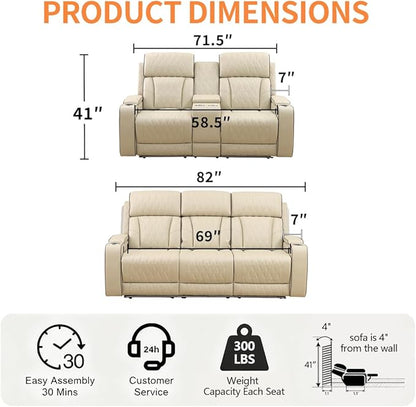 Living Room Furniture Sets with LED, Power Reclining Couch Set for Living Room, Include 1 Loveseat, 3 Seat Sofa, Modern Khaki Leather Recliner Sofa Furniture Set for Home and Office