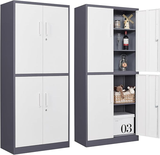 SISESOL Storage Cabinets With Doors And Shelves, 71'' Metal Garage Cabinet Locking, Adjustable Layers For Home Gym, bathroom, kitchen, office, Gray White