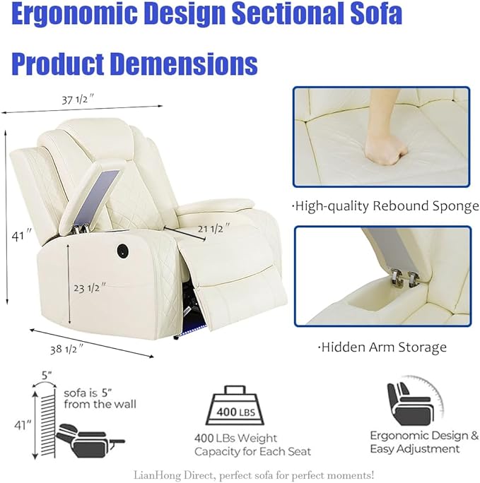 Power Recliner Sectional Sofa with LED for Living Room, Power Sectional Sofa with Chair Vanilla White, Reclining Corner Couch Set with Read Lights, USB Charging, Cup Holders for Home/Office