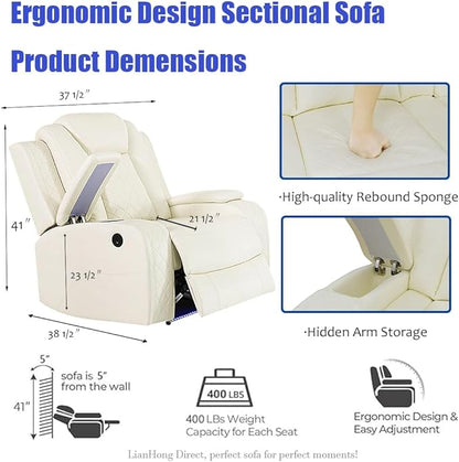 Power Recliner Sectional Sofa with LED for Living Room, Power Sectional Sofa with Chair Vanilla White, Reclining Corner Couch Set with Read Lights, USB Charging, Cup Holders for Home/Office