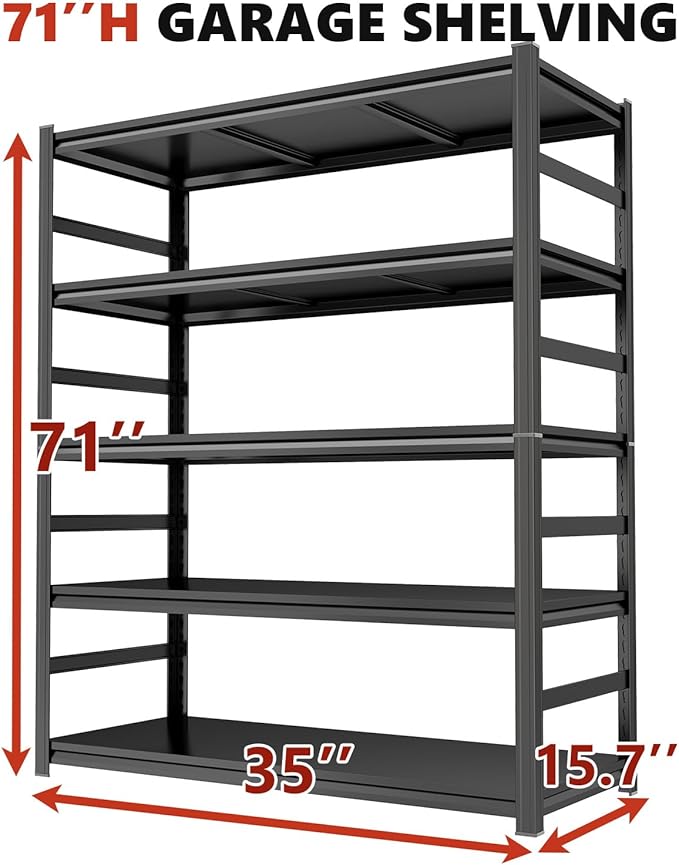 Adjustable 5-Tier Garage Shelving, Heavy Duty Steel Storage Rack, High Load Capacity, Ideal for Garage, Warehouse, or Home Organization (5-Tier 71" H x 35" W x 15.7" D)