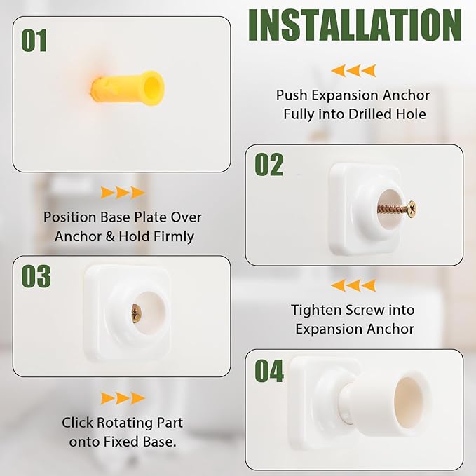 Shower Rod Holders for Wall - Angled 25mm Bracket & Rotation Knob Set, Includes Screws & Plugs for Sloped Ceiling (2, White)