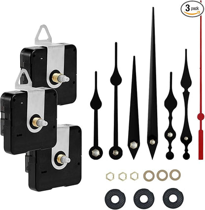 3Pcs Clock Mechanism Replacement Battery Operated Silent Clocks Kit Include Clock Hands DIY Repair Parts Shaft Length 12mm(15/32 Inches), 16mm(20/32 inches) and 22mm(29/32 inches)