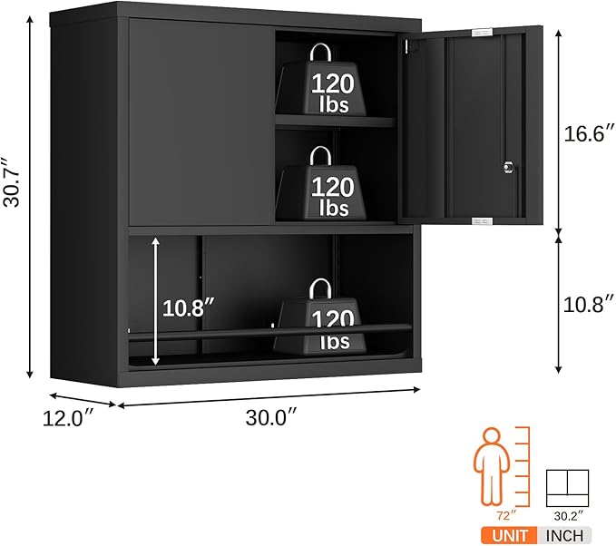 LUCYPAL Garage Storage Cabinet with Locking Doors and Adjustable Shelves,Black Metal Wall Cabinets for Garage,Steel Upper Storage Cabinet for Warehouse/Basement/Home Office