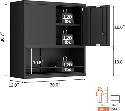 LUCYPAL Garage Storage Cabinet with Locking Doors and Adjustable Shelves,Black Metal Wall Cabinets for Garage,Steel Upper Storage Cabinet for Warehouse/Basement/Home Office