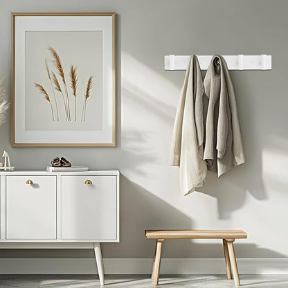 Coat Rack Wall Mount - 5 Hat and Coat Hooks, Heavy Duty Towel Racks for Bathroom Entryway, Wall Hooks for Hanging Robes Bags, Hat Rack Key Hanger Organizer (White)