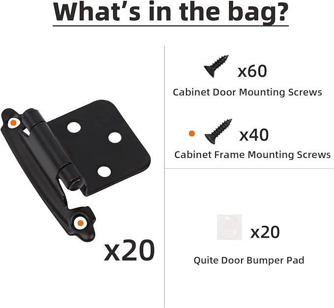 Decobasics 1/2" Overlay Matte Black Cabinet Hinges (10 Pair -20 Pcs) Self Closing Bath & Kitchen Cabinet Hinges Black Flush Mount w/Door Bumpers & Upgraded Screws