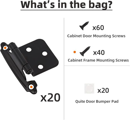 Decobasics 1/2" Overlay Matte Black Cabinet Hinges (10 Pair -20 Pcs) Self Closing Bath & Kitchen Cabinet Hinges Black Flush Mount w/Door Bumpers & Upgraded Screws