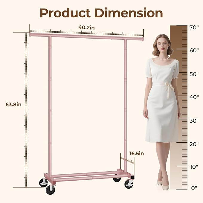 Clothes Rack, Clothing Rack for Hanging Clothes, Rolling Garment Rack Sturdy Coat Rack Portable Wardrobe Rack Metal Closet Rack for Bedroom Laundry Living Room, Pink